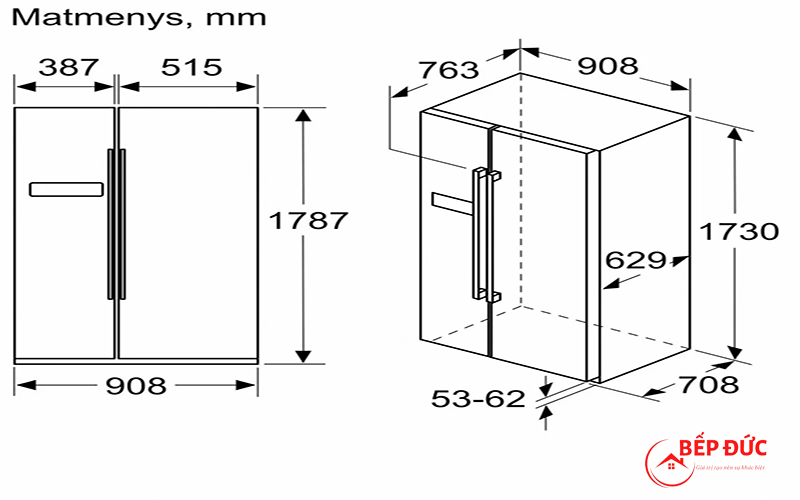Hình ảnh thông số kỹ thuật của tủ lạnh Bosch KAI93VBFP